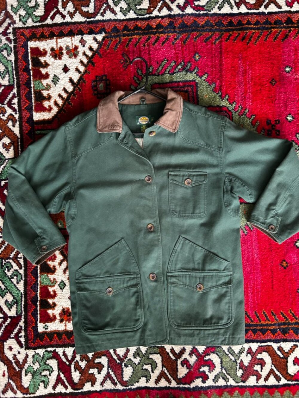 Cabela's Vintage Hunter Green Leather Collar Chore Oversize Chore Jacket L-XL